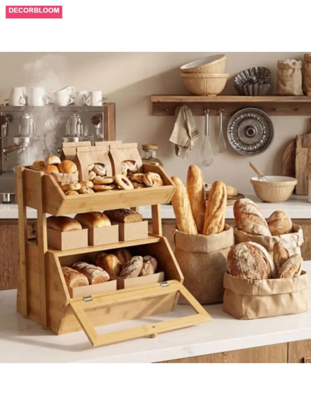 2 Tier Bamboo Bread Box with Fruit Basket for Kitchen Countertop Storage